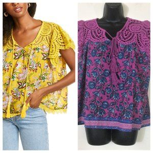 Jennifer & Grace Eyelet Flutter Sleeve Floral Top S